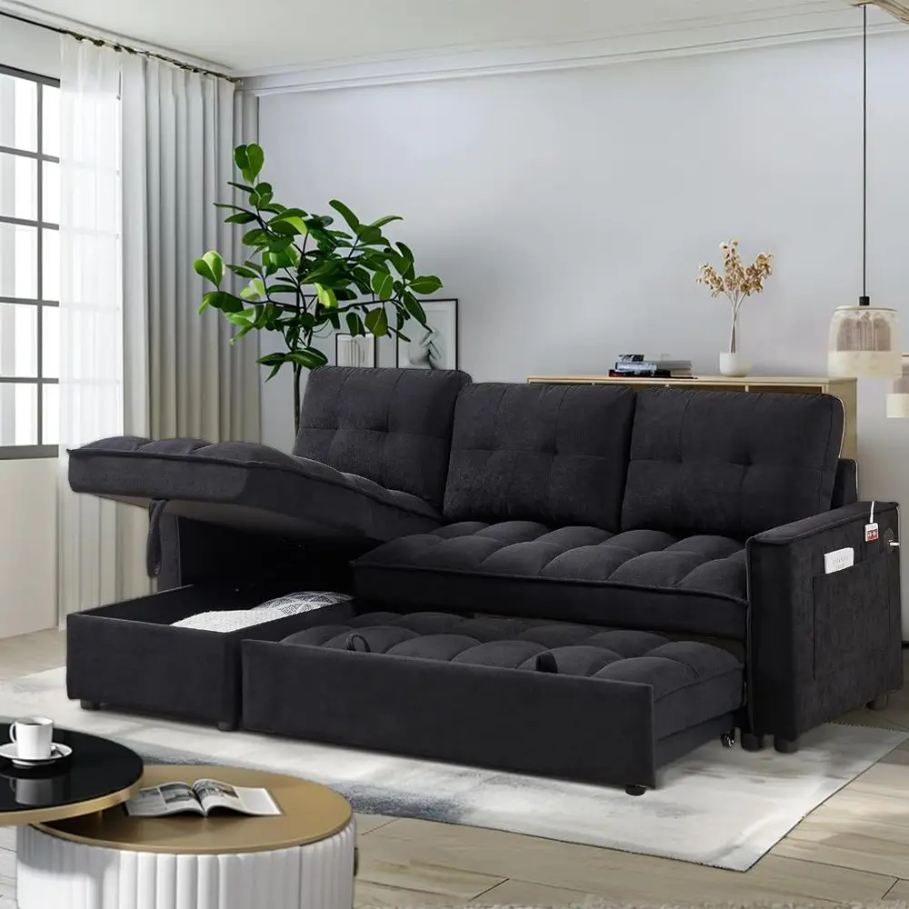 Black Chenille L-Shaped Sleeper Sofa with Pull-Out Couch and USB Ports