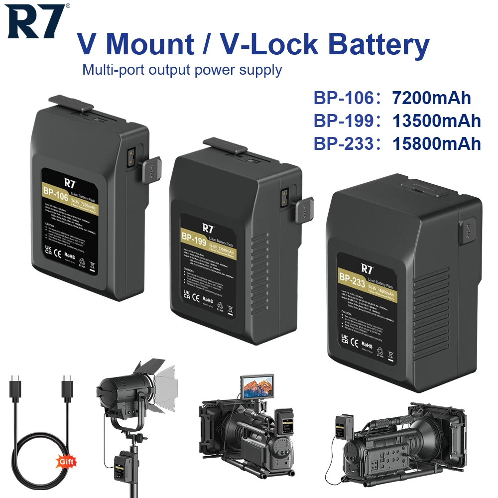 

R7 Mini V-Mount Lithium Battery BP-106 BP-199 BP-233 – High-Capacity Rechargeable Battery for Cameras, LED Lights & Camcorders