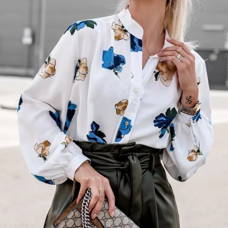 

Autumn New Small Stand Collar Floral Print blouses Commuter Long Sleeved Shirt For Women 75