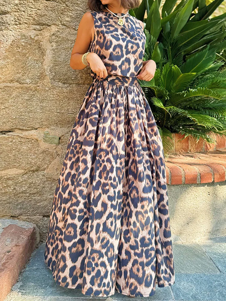 Women Backless Short Top Maxi Skirts 2PCS Sets, Summer Holiday Lace-Up Fashion Outfit, 2024 Elastic Waist Leopard Ladies Suits