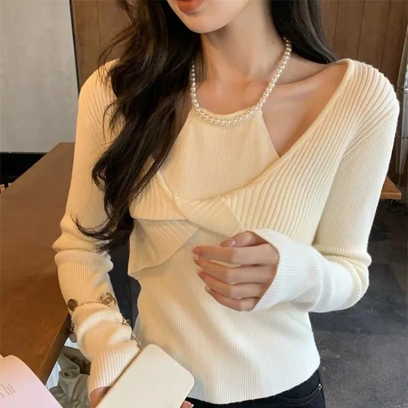 

Women's Short Tops Autumn and Winter Solid Color Halter V-neck Long Sleeve Slim Female Knitwear Korean Casual Daily Pullovers