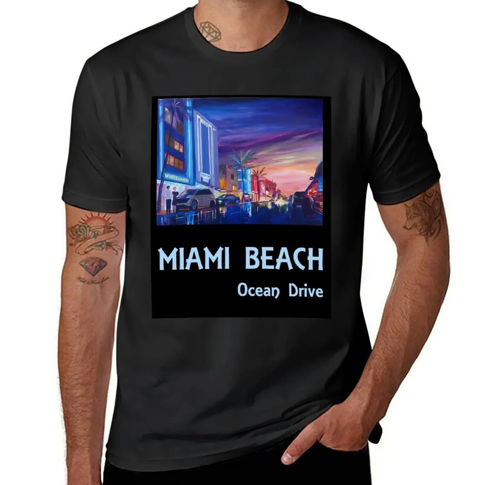 

Miami Beach Ocean Drive Retro Poster T-Shirt custom t shirt anime clothes oversizeds Short sleeve tee sweat shirts, men