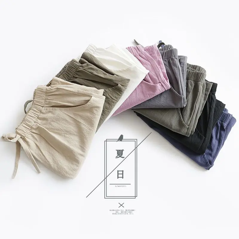 Flax Shorts Summer Casual Lacing Solid Color Elastic Waist Pants Women Clothing Simplicity All-match Pleated Loose Trousers