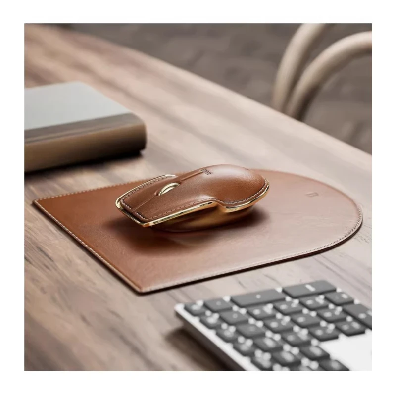 Leather Mouse for Lunar Artefacts Custom Wireless Bluetooth 2.4g Tri-mode Mouse Steel Ball Roller Leather Mouse Pad Office Gift