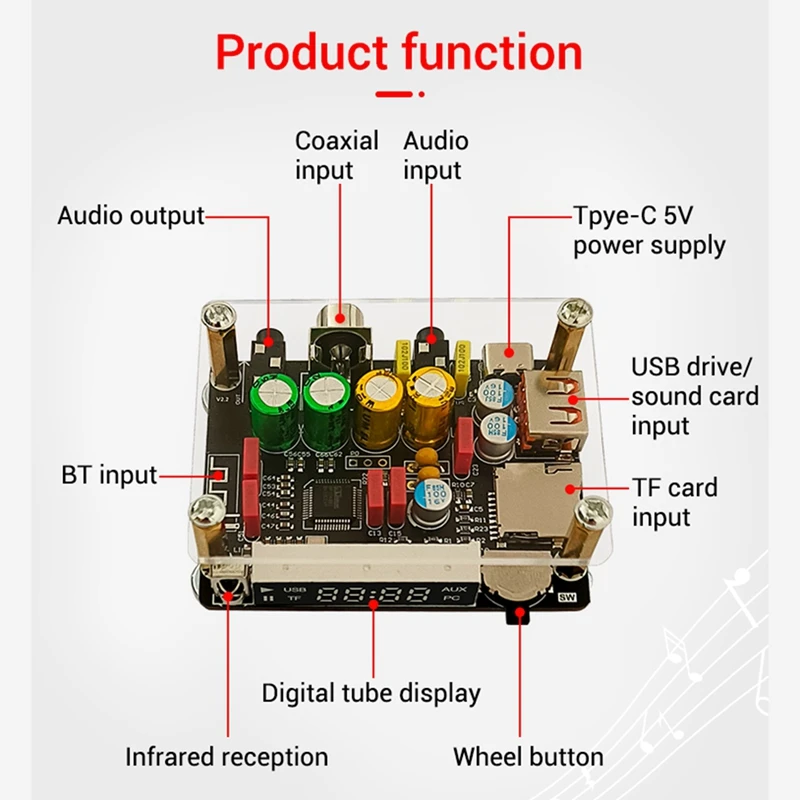 ZK-DAM K1 DSP Tuning Preamp Bluetooth Decoder Board Non-Destructive Fever U Disk Coaxial Sound Card TF Decoding Board