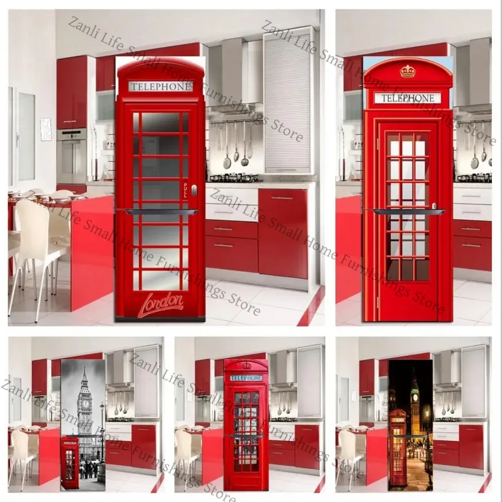 

3D Red Telephone Booth Kitchen Fridge Decorative Stickers PVC Waterproof Full Refrigerator Door Wrap Full Cover Wall Decal