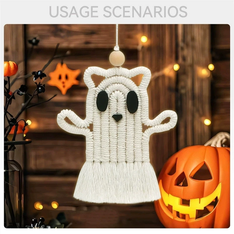 Handwoven Macrame Ghost Cat Pendant Cute Spooky Halloween Decor Tassel Wall Hanging Ornament Indoor Home Window Porch Decor Gift