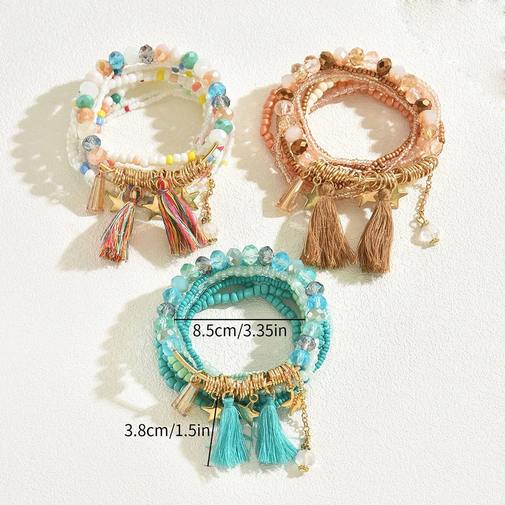 Bohemian Stackable Tassel Star Beaded Bracelet Set for Women Y2K Dainty Fringed Layered Boho Bracelets Woman Trendy Hand Jewelry