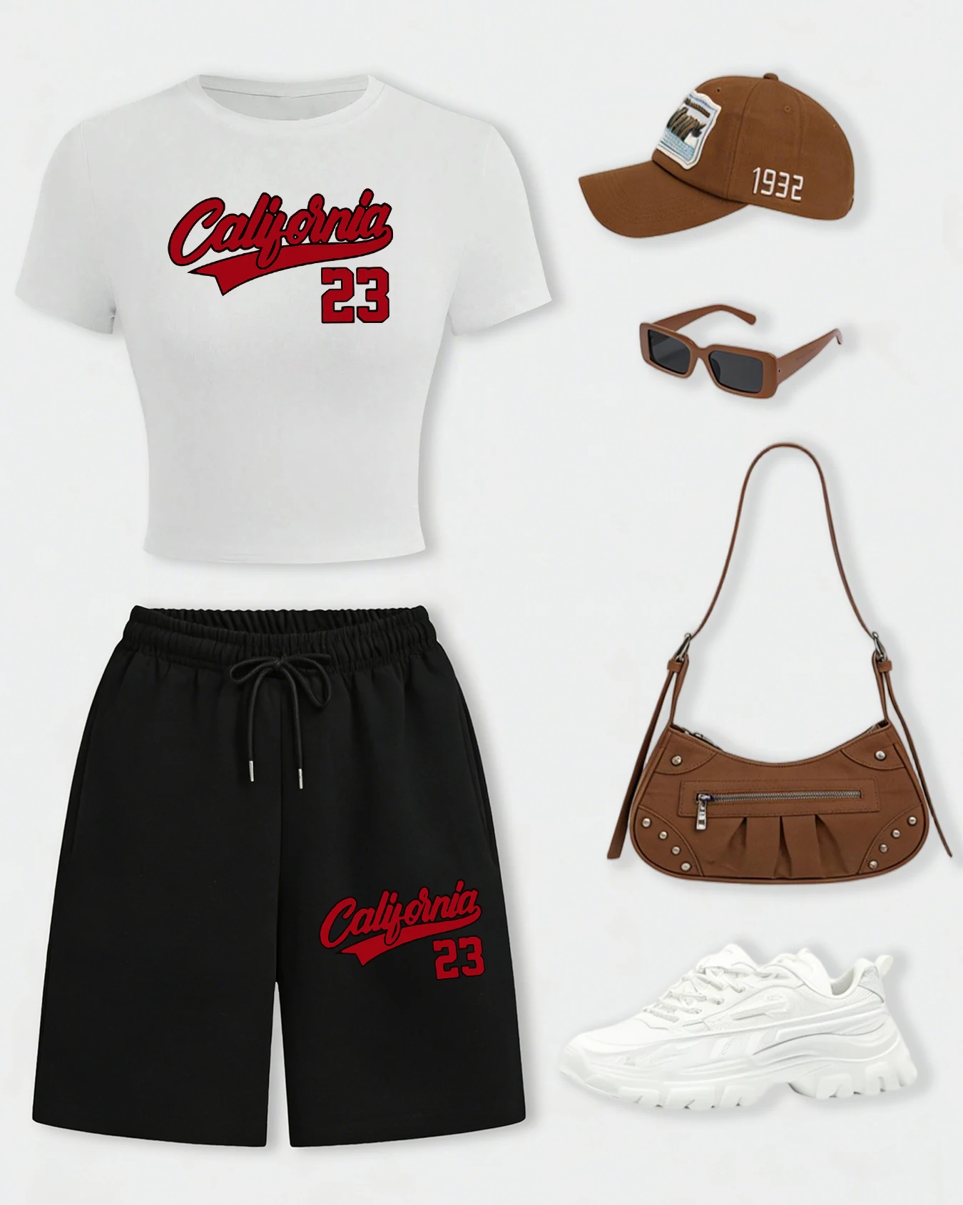 

Califirnia Letter Number 23 Logo Print T-Shirt Set Women Wide-Leg Pocket Shorts Summer Cotton Streetwear O-Neck Gym Crop T Shirt