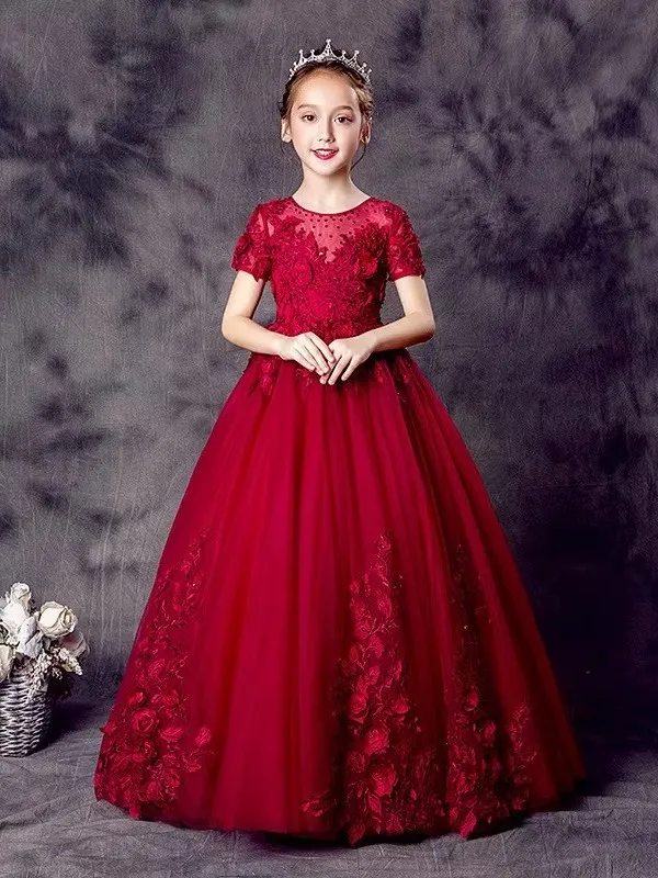 Vestido Longo Vermelho de Princesa para Crianças com Cintura Alta e Decorações Florais para Apresentações de Piano, Exames de...