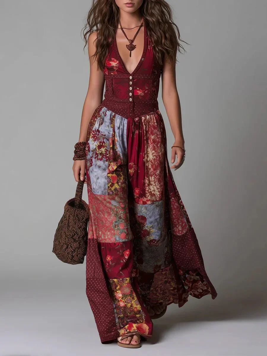 

Retro Printed Halter Backless Suspender Dress Summer Women's Sexy V-neck Sleeveless Long Dress Fashion Vacation Style Dress