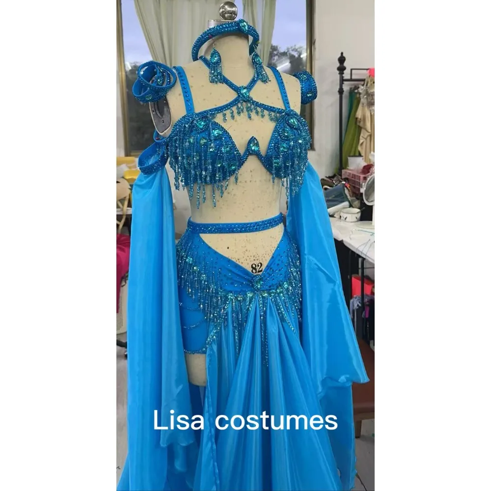 BellyDance Suit Embroidery Diamond Bra Split Fishtail Skirt Performance Set Custom Adult Child Competition Clothing Accessories
