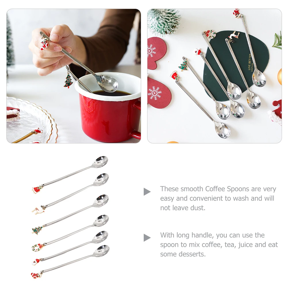 

6 Pcs Christmas Stainless Decorative Coffee Spoon Spoons Dessert Forks Tea Spoon Set Long Handle Gifts Home Cafe