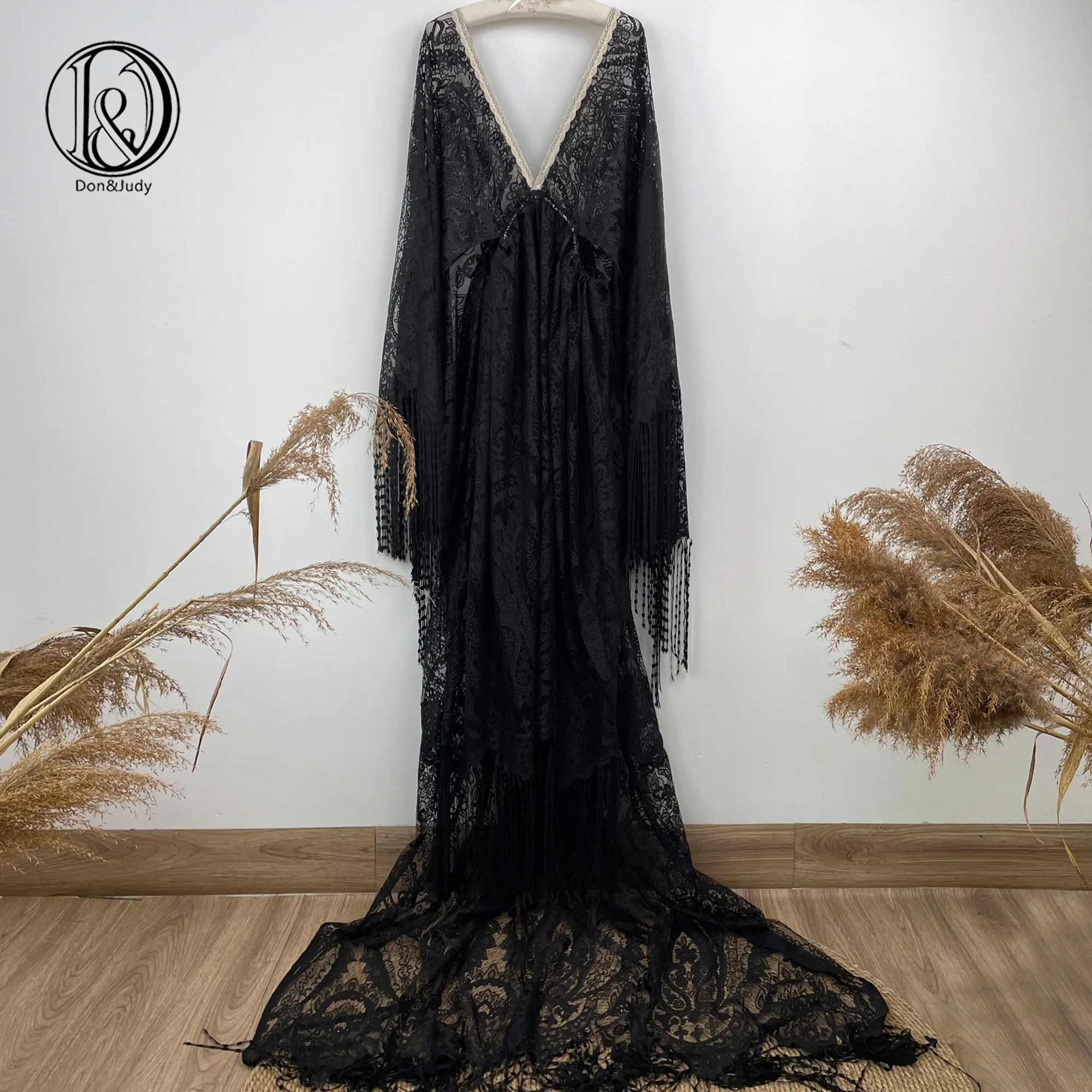 Don&Judy Woman Lace Maternity Dress Boho Long Tassels Gown for Photo Shoot Photography Session Baby Shower Pregnancy Clothes