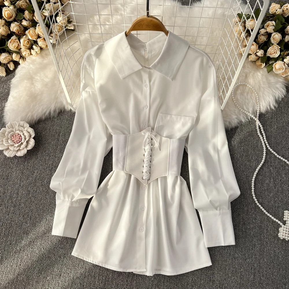 Camicie da donna con cintura in vita Abiti da donna eleganti alla moda autunno inverno Abito stile coreano Vintage Palazzo Cena Banchetti Abiti sexy