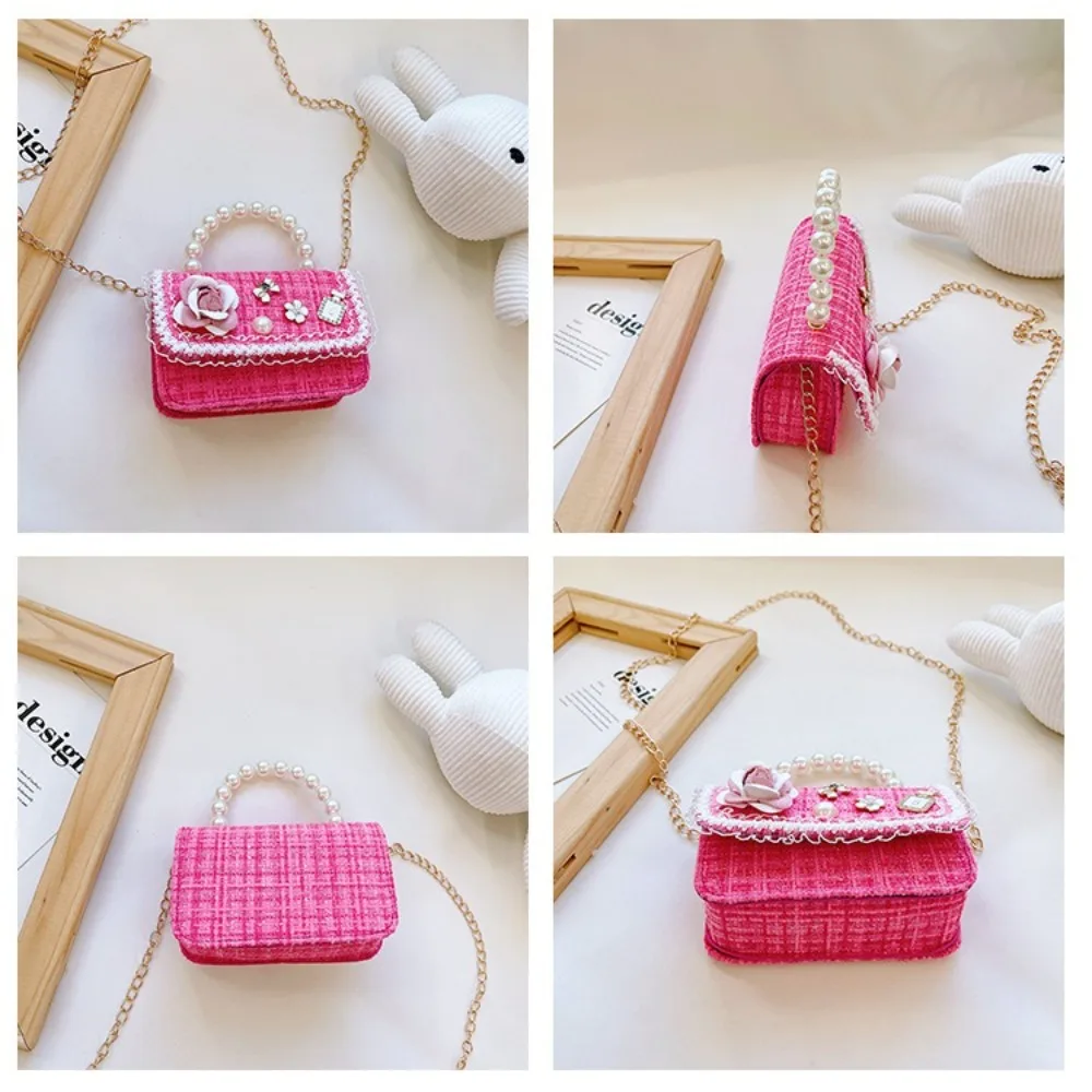 Fashion Flower Decoration Small Square Bag Mini Pearl Handle Crossbody Bags Korean Style Kid's Handbag Girls