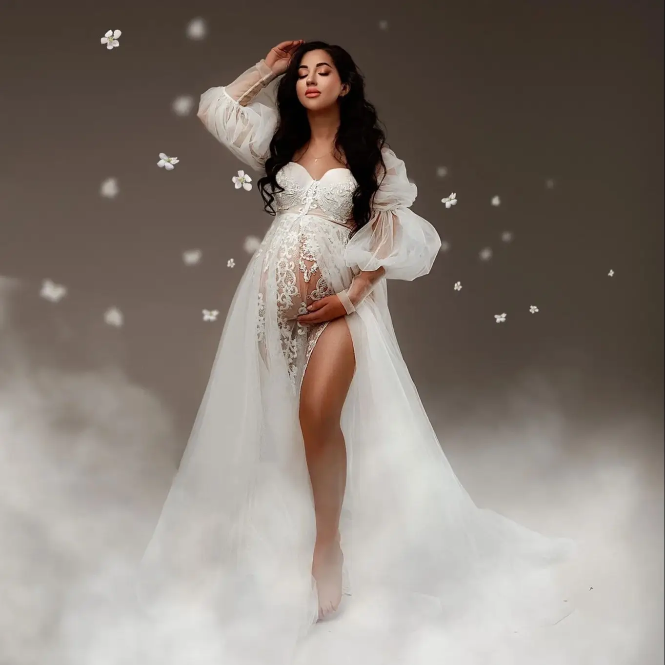 

Puff Sleeves Prom Dresses for Women Tulle Pregnancy Photography Dressing Gown Transparent Lace Maternity Photoshoot Robes