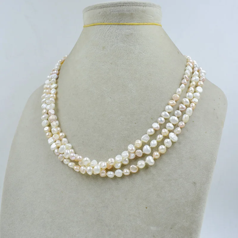 New 3 ROW Natural freshwater pearl 6-7 mm  AAA irregular shaped baroque White pink purpl peael necklace 46CM