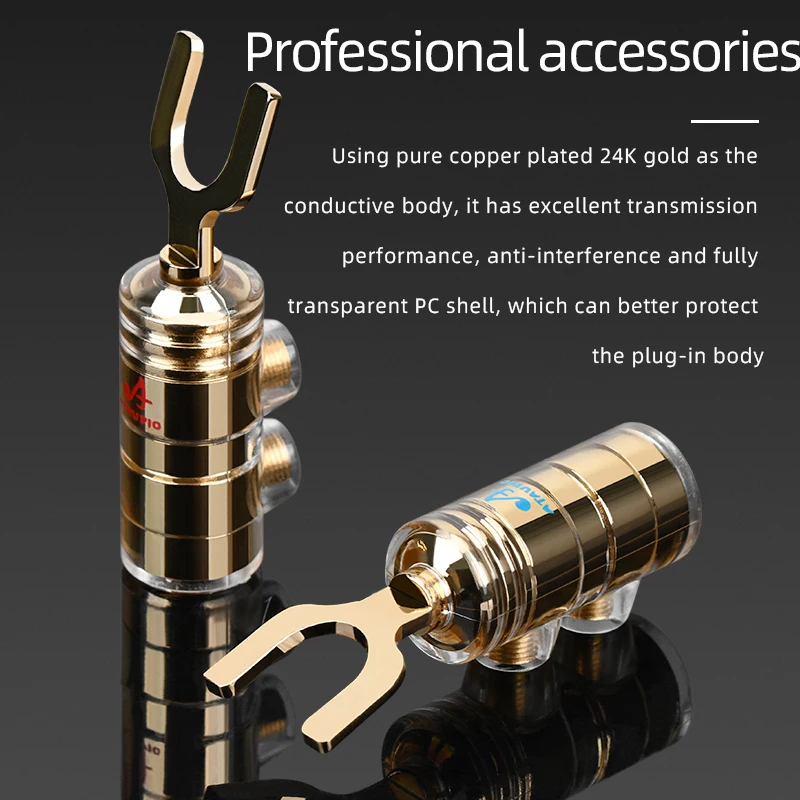 8PCS Hifi Banana Y Plug Crystal Gold Plated Welding free Y Spade DIY Speaker Cable Plug Audio Screw Fork Connector Adapter