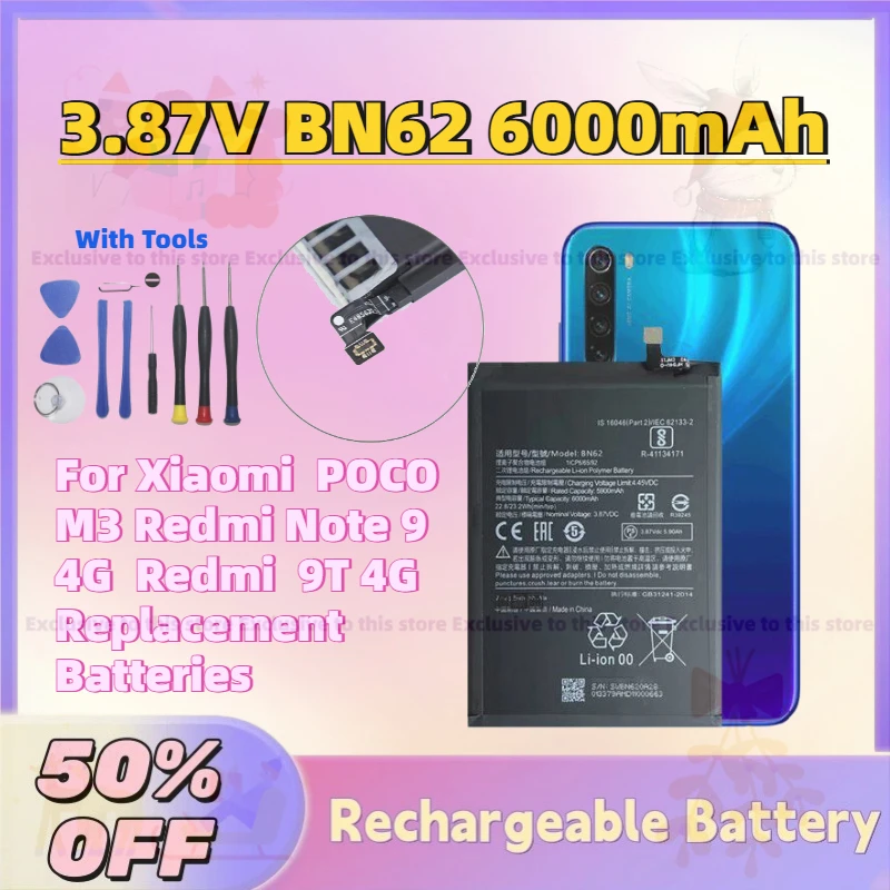 

Large Capacity 3.87V BN62 6000mAh Mobile Phone Battery for Xiaomi POCO M3 Redmi Note 9 4G Redmi 9T 4G Replacement Batteries