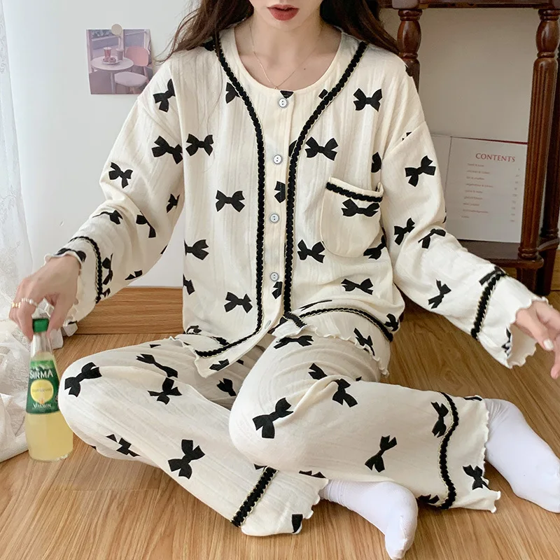 Womens Pajamas Set Buttons Down 100% Cotton Female Pyjamas Woman Pijamas Spring Autumn Long Sleeve Sleepwear Homewear Loungewear