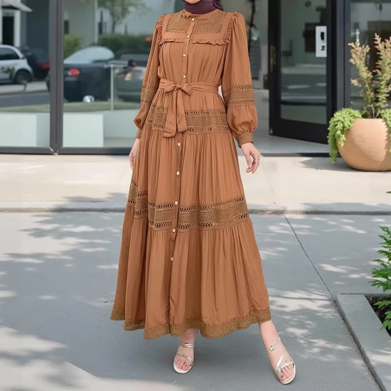 Jalabiya Women Eid Muslim Dress Abayas Embroidered Hollow Out Lace Lapel Collar Long Sleeve Robe Vestidos Women Party Dresses