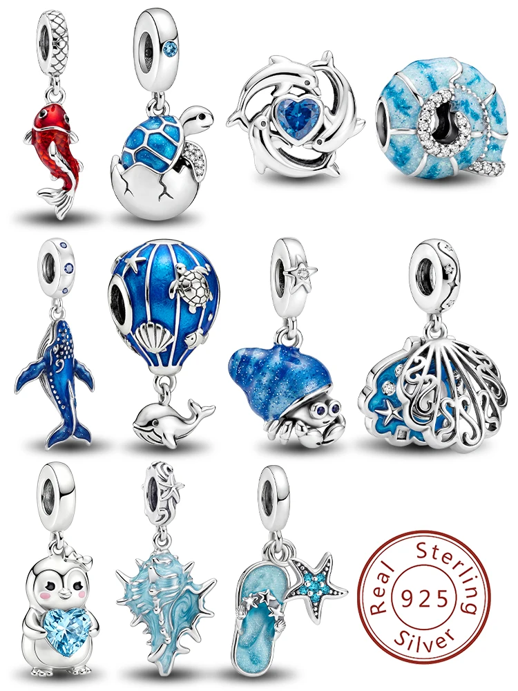 925 Sterling Silver Conch Shell Blue Whale Ocean Series Charm Pendant for Bracelets DIY Women's High Quality Fine Jewelry