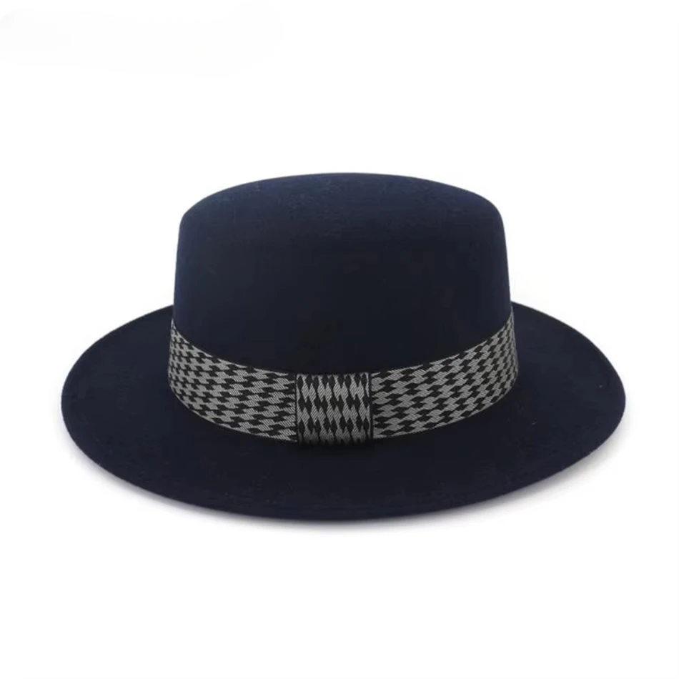 HOAREE レッドフェドーラ帽子女性のファッションデザインカンカン帽フェルト帽子とキャップフラットトップ千鳥格子柄ヴィンテージ女性帽子カーキ