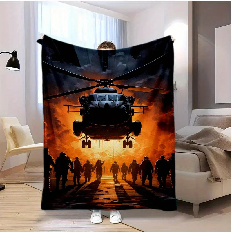 Helicopter Warrior Blanket – Soft All-Season Throw, Black Background with Soldier Design, Perfect for Home & Office Use