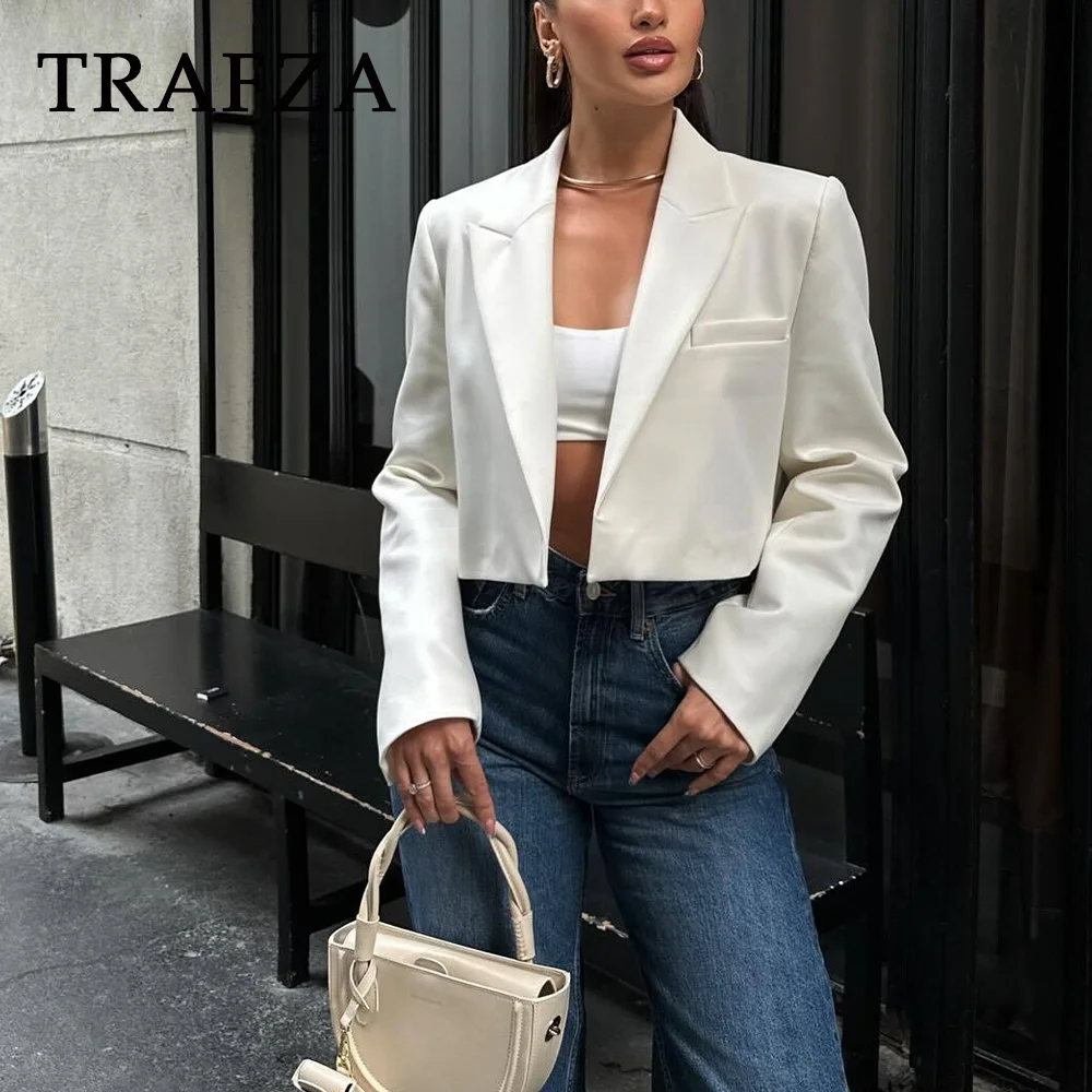 TRAFZA-Veste Courte Élégante et Chic pour Femme, Blazer Décontracté à Bouton Unique, Couleur Unie, Printemps Été 2024