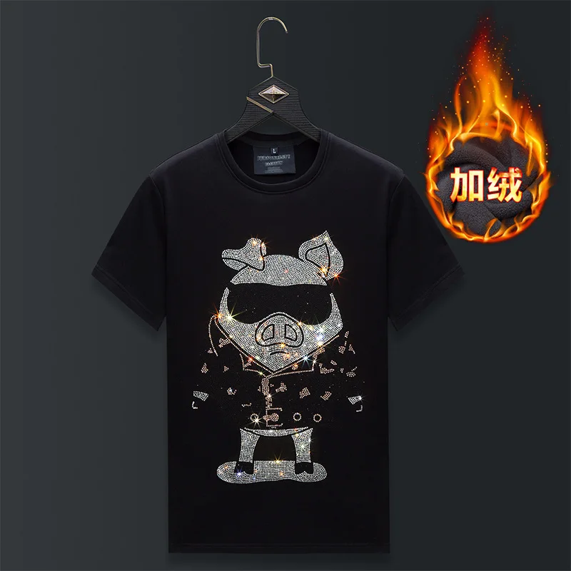 Plus Size Short Sleeve Thick T Shirts Men Winter Clothes Streetwear Cartoon Rhinestones O Neck Velvet Tshirts Camiseta Masculina