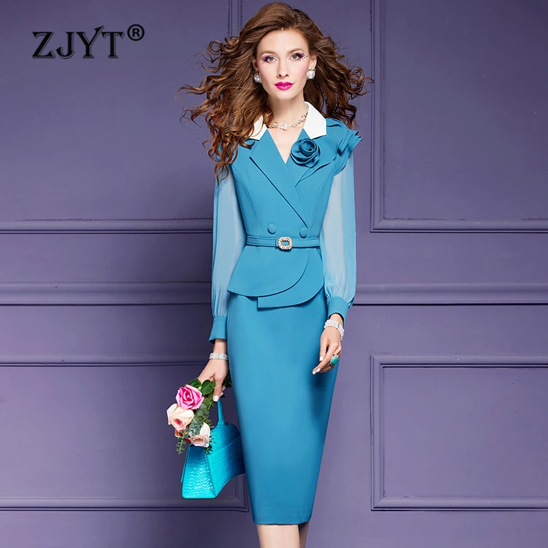 ZJYT Women\'s Office Lady Blazer Pencil Dress Work Wear Elegant Designer Spring Cocktail Party Dresses Plus Size Female Clothing