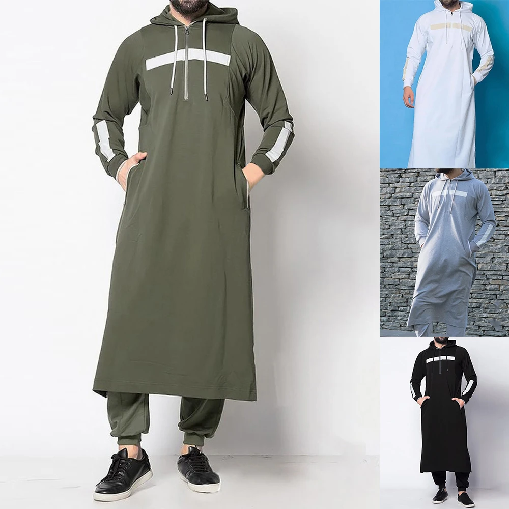 Mens Muslim Middle Eastern Islamic Arabic Clothing Vintage Loose Striped Long Sleeve Drawstring Pockets Full Length Hooded Robe