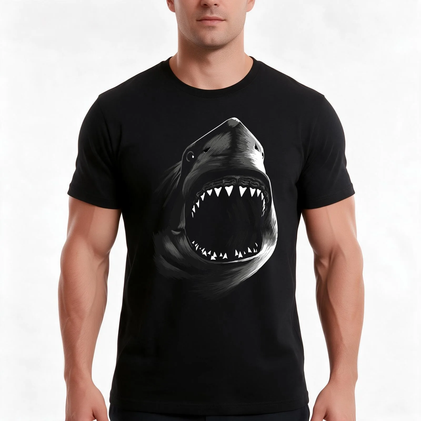 Great Shark T-Shirt, Summer Casual Cotton Tee, Oversized Streetwear Tops, Vintage Graphic Print, Loose Fit Short Sleeve