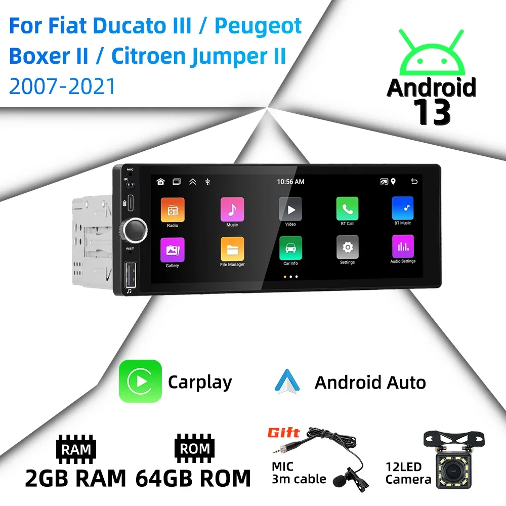 

Автомобильное мультимедийное радио Carplay Android с 1 Din для Fiat Ducato III Peugeot Boxer II Citroen Jumper II 2007-2021, стерео экран 6,86 дюйма