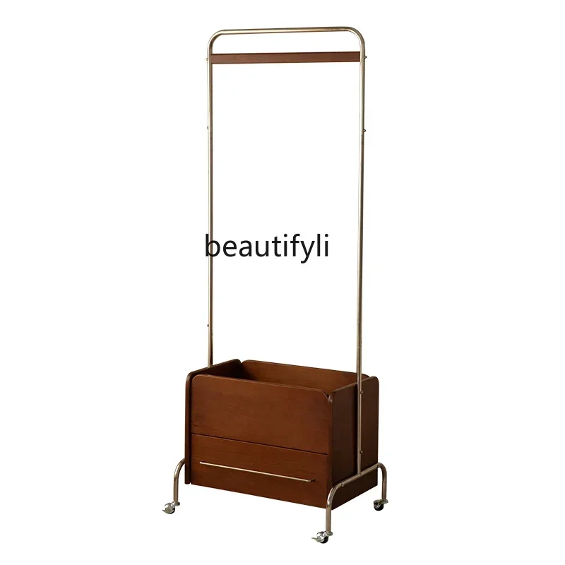 

Q181 Retro Solid Wood Coat and Hat Rack Removable Storage Stainless Steel Bedroom Floor Clothes Rack