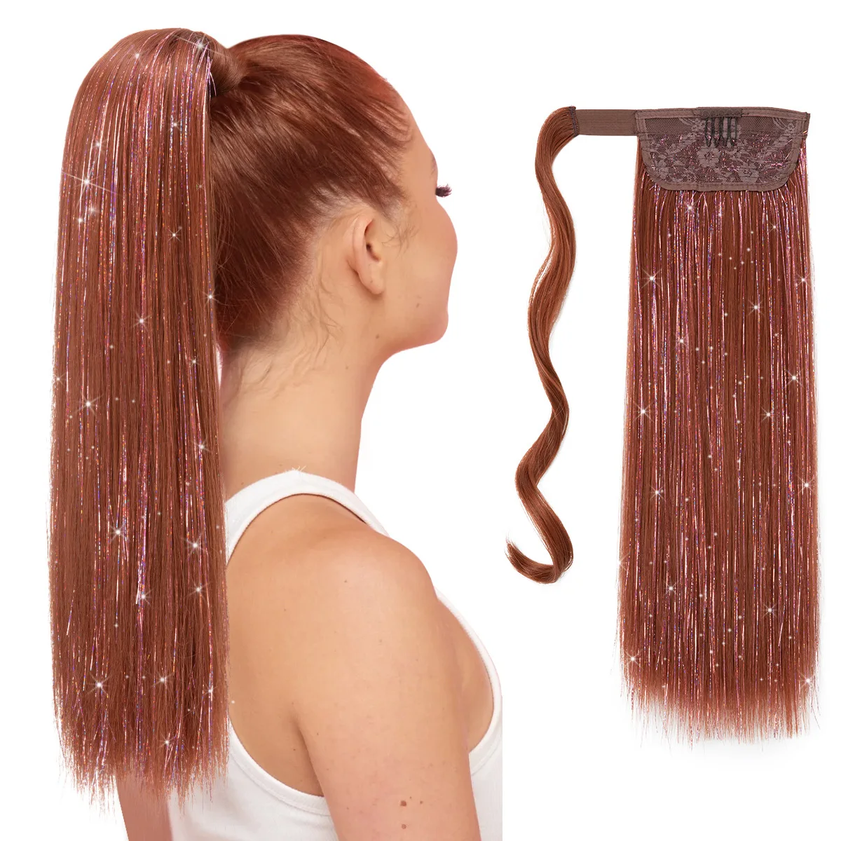 Women's Synthetic Straight Hair Wig Gold Silver Threads Ponytail Ribbon Rainbow Thread Mixed Color , Suitable Christmas Party