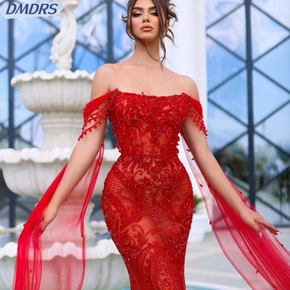 Sexy Illusie Off The Shoulder Cocktail Jurken Glinsterende Kralen Avondjurk Luxe Rode Zeemeermin Lange Prom Gown Robe De Mariée