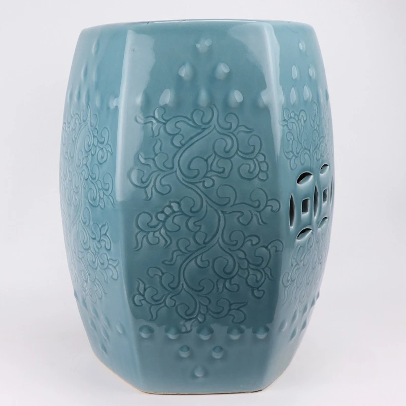 Chinese-style octagonal shadow blue carving twisted branches dressing stool cool pier stool ornament