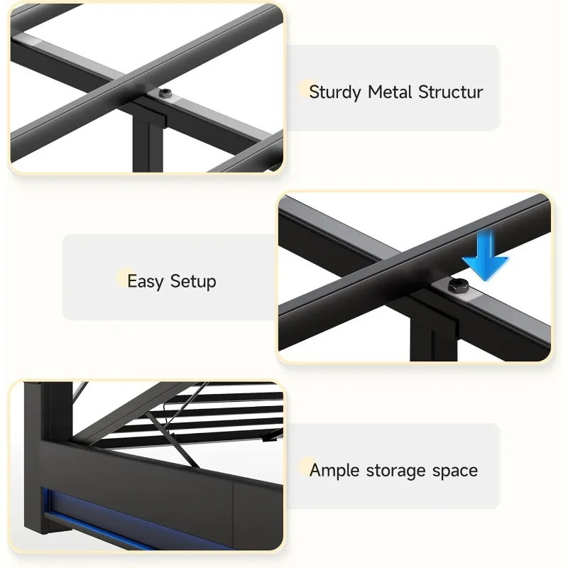 l Estrutura de cama de armazenamento queen size, cabeceira de armazenamento com estação de carregamento, cama de plataforma estofada com luzes LED, sem B