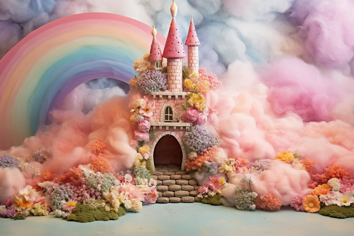 

Princess Castle Felted Castle Fairy tale Pink Flower Rainbow backdrops newborn baby Photography Studio Backgrounds