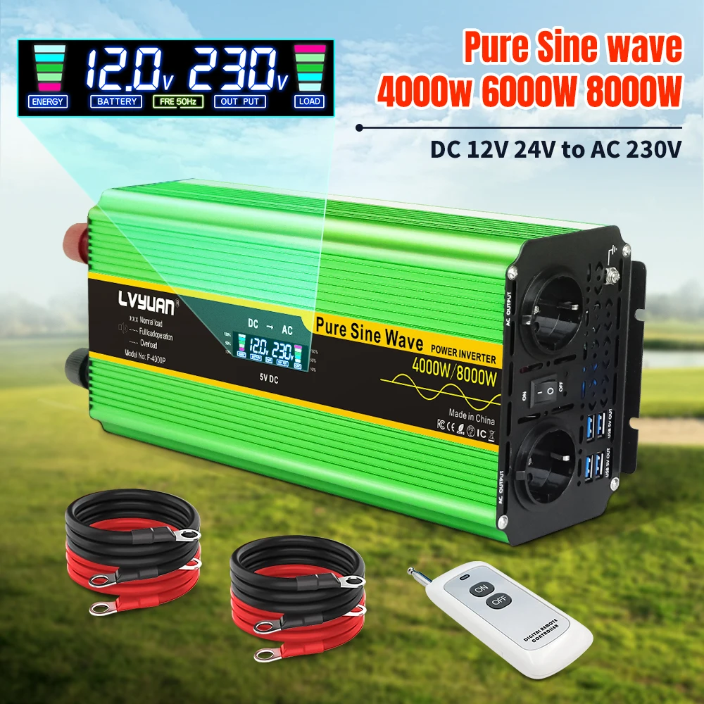 Inverter Pure Sine 12v 220v 24v 4000W 6000W 8000W Peak 50Hz 60Hz With 3.1A LCD EU Plug Car Solar Inverter Converter