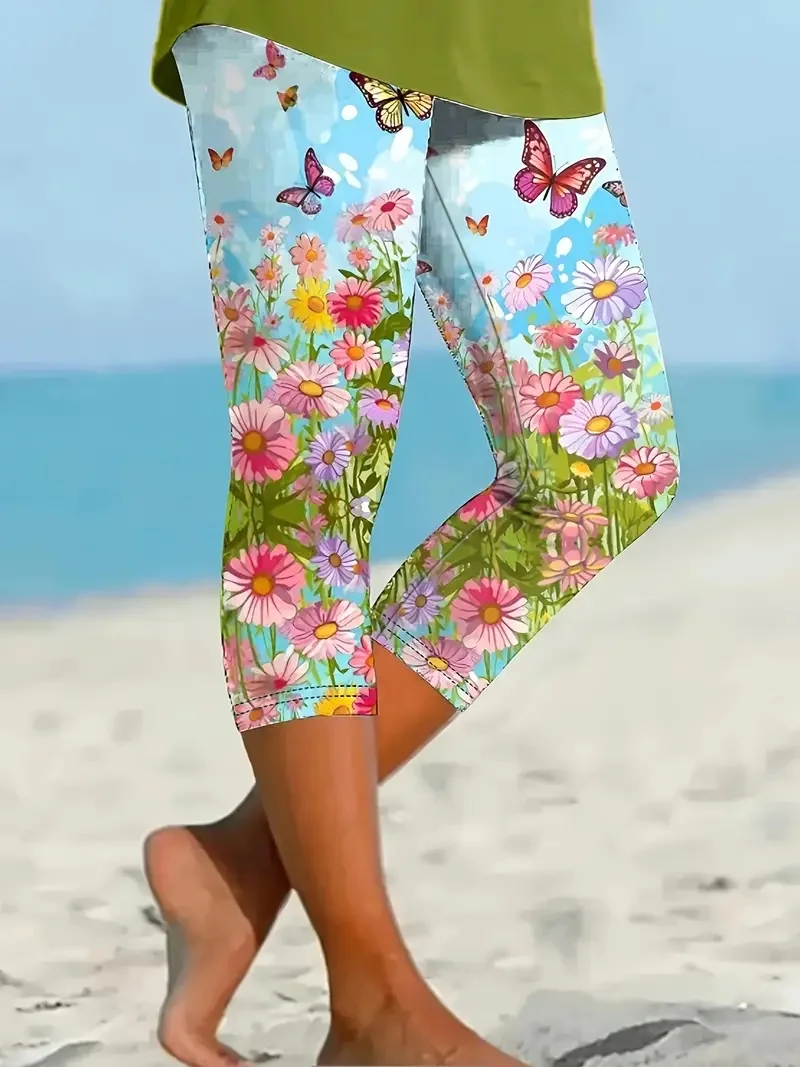 Butterfly& Floral print stretch slim elastic waist tight casual leggings capri pants women