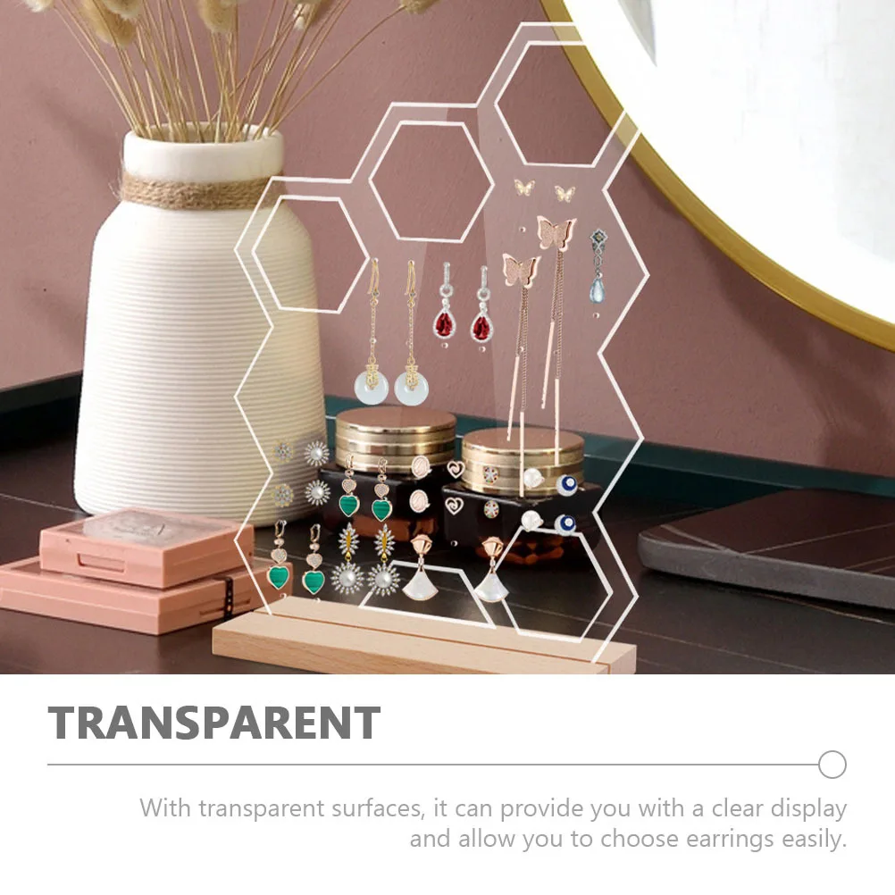 Espositore per orecchini in acrilico con base in legno, supporto per gioielli da tavolo trasparente, per riporre orecchini da negozio