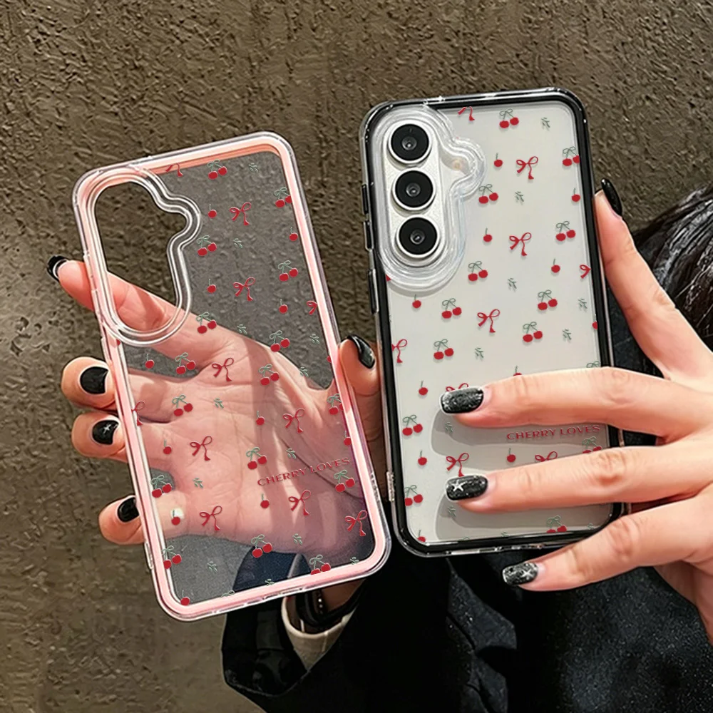 Red Cherry Bow Soft Phone Case For Samsung A37 A57 A17 A07 S26 Ultra S25 S24 A56 A36 A26 A16 2 IN 1 Transparent Shockproof Cover