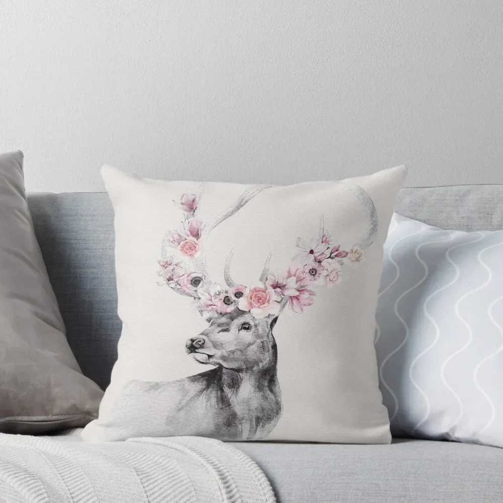 Watercolor stag with pink flowers in antlers portrait Throw Pillow Sofa Covers For Living Room Pillow Cases Decorative pillow