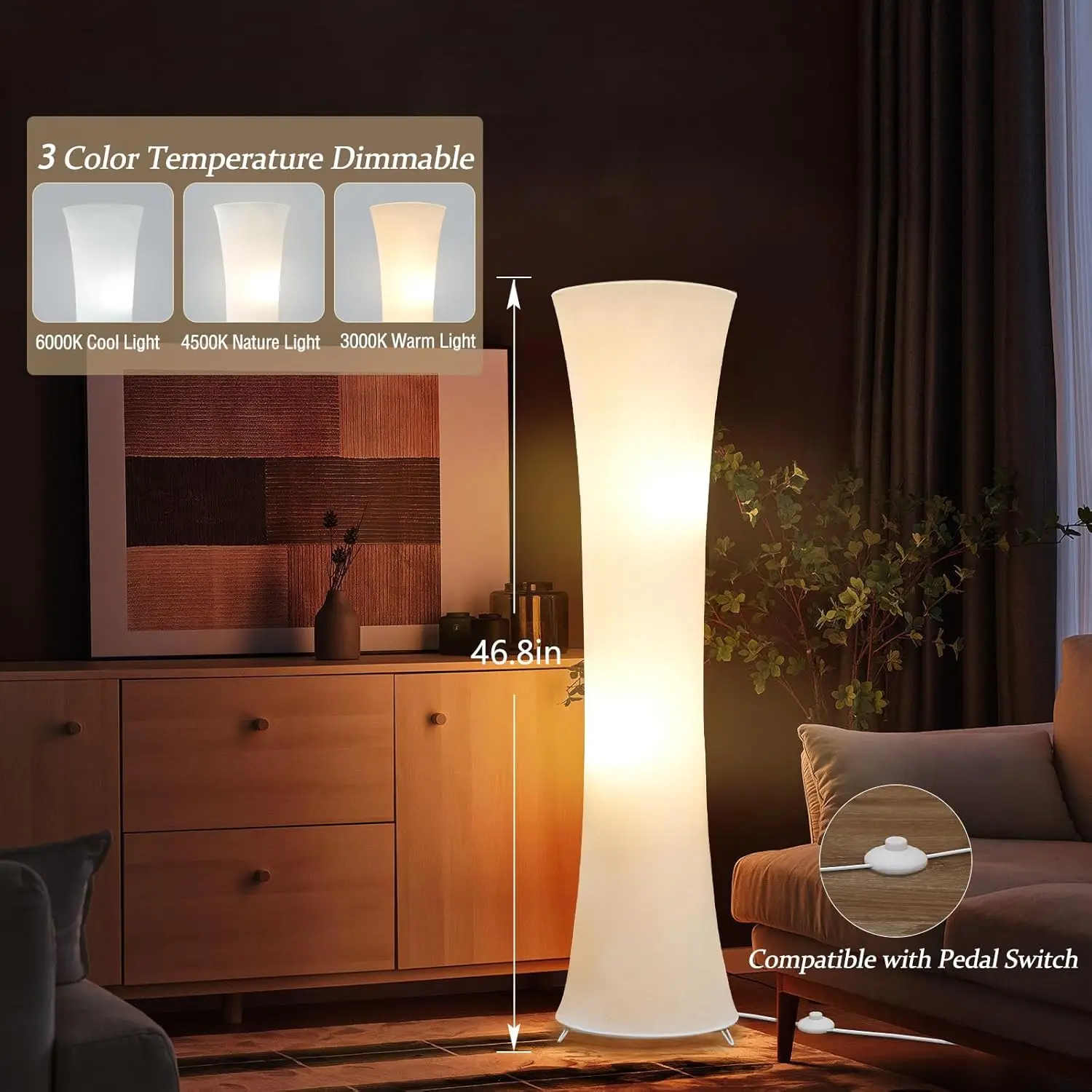 Gyrovu 46“ Floor Lamp For Living Room, 3 Color Temperature Led Column Floor Lamp Standing Corner