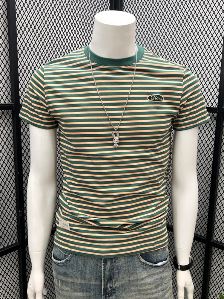 

Cotton Blended Striped T-shirt Summer Fashion Short Sleeve O-neck Classical Pullover Tees Teens Handsome Casual Loose Daily Tops