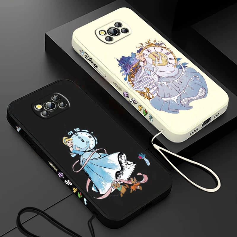 Cinderella Disney Princess For Xiaomi Poco Cover For X4 X3 F4 NFC M6 M5 M4 M3 GT S Pro 4G 5G Liquid Left Rope Phone Case