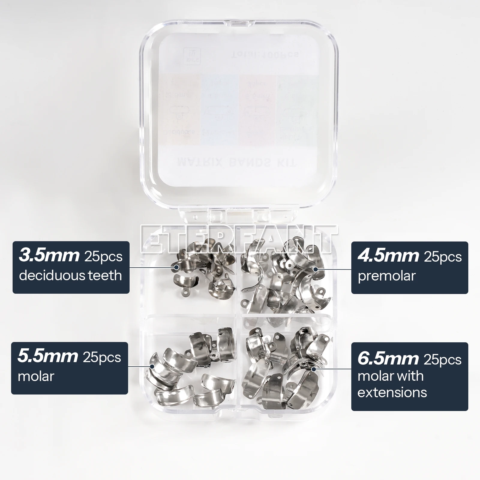 ETERFANT 3.5-6.5mm Dental Matrix Bands Ring Sectional Matrice Clamp 100Pcs/Box Made from Ultra-thin 0.038mm Stainless Steel